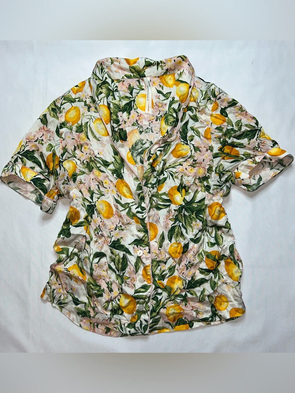 Anthropologie Lemon Blossom Button Front Camp Shirt Blouse Floral Citrus Size S